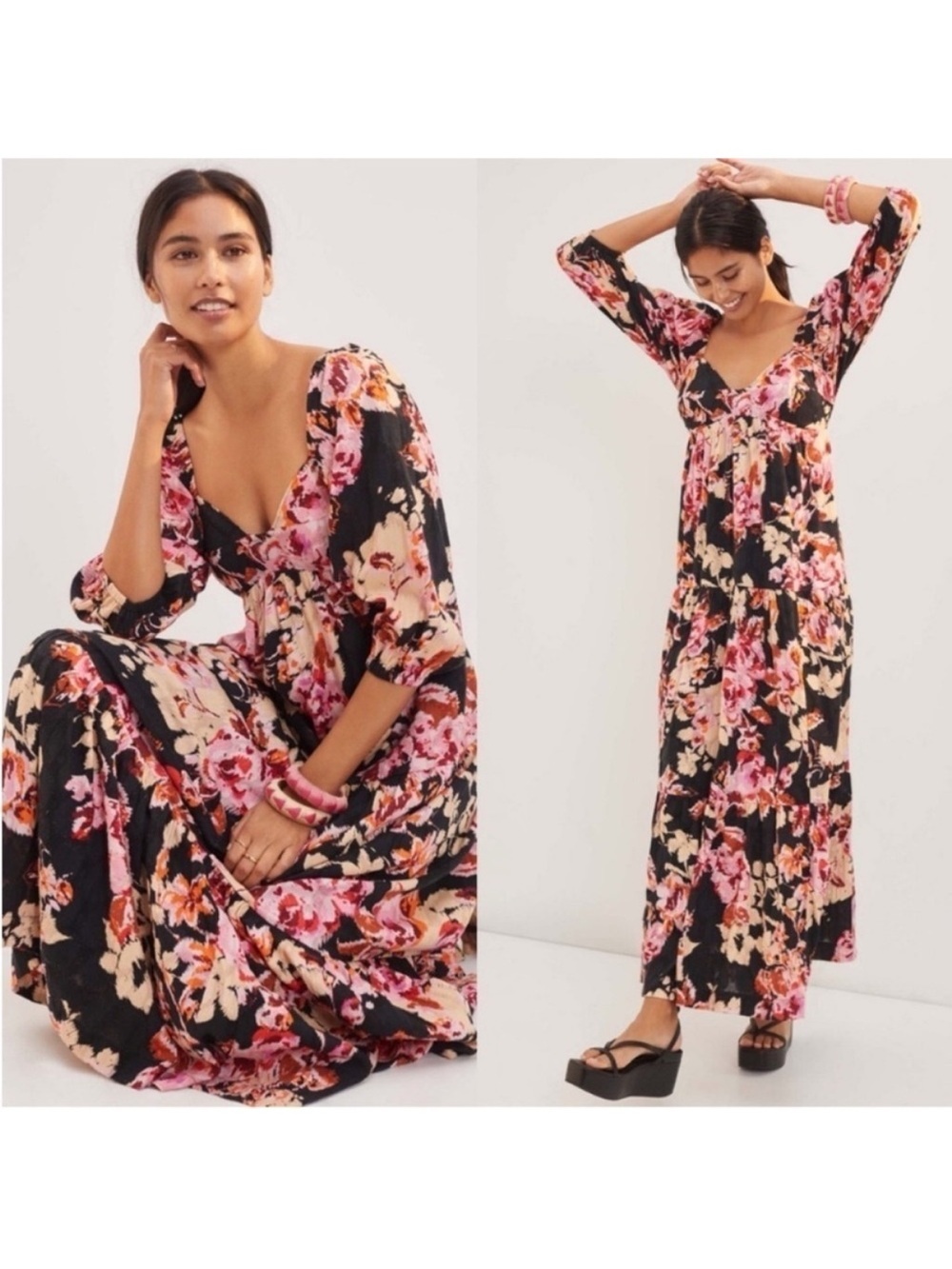 Anthropologie Somerset Floral Puff Sleeve Maxi Dress Black Pink Medium NWT